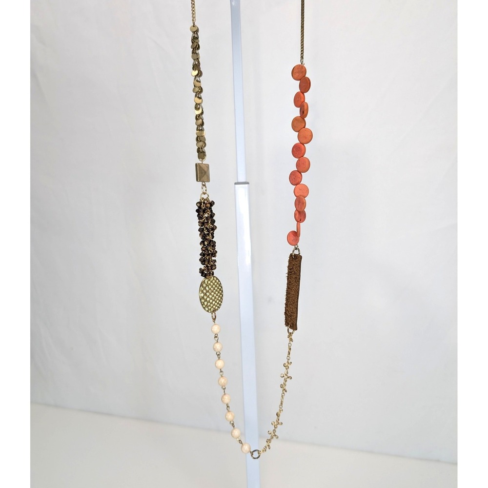 Vintage Y2K Mixed Media‎ Boho Necklace Leather Gold Tone Indie Sleaze Festival